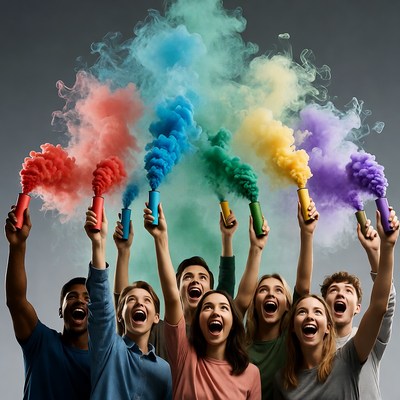 Diverse group holding colorful smoke bombs