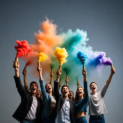 Diverse group holding rainbow smoke bombs
