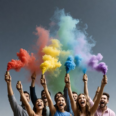Group holding rainbow smoke bombs