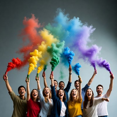 Diverse group holding rainbow smoke bombs