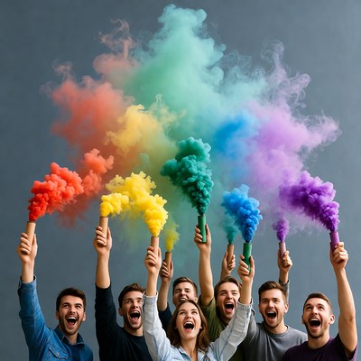 Group of young people holding rainbow smoke bombs