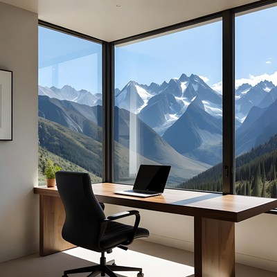 Modern Office Desk with Mountain View