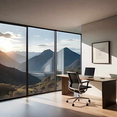 Modern office desk with mountain sunset view
