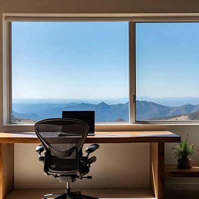 Office Desk with Laptop and Mountain View