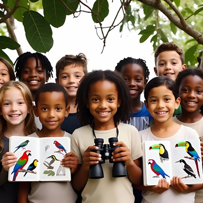 Diverse children holding bird books binoculars