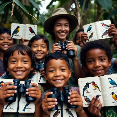 Asian children exploring birds with binoculars