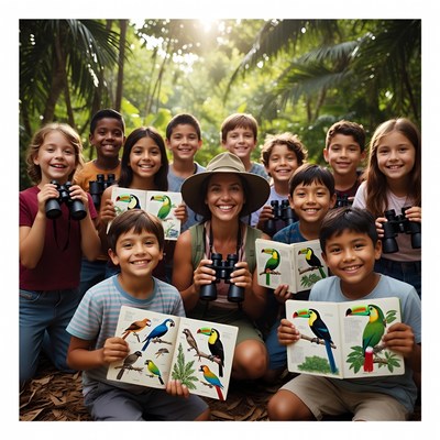 Teacher and kids birdwatching in jungle