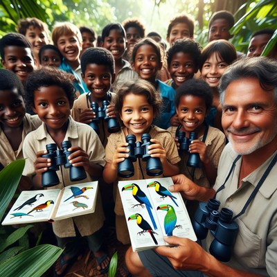 Teacher and kids birdwatching jungle