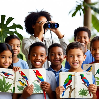 African-American children reading bird books outdoors