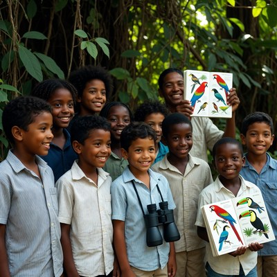 Group of African boys with bird book