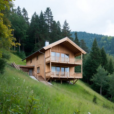Wooden chalet on forested hillside