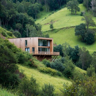 Modern Wooden House on Green Hillside