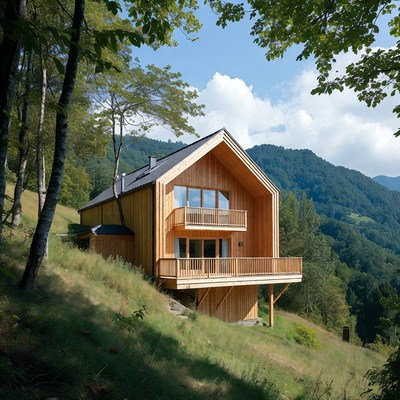 Wooden chalet house in mountains