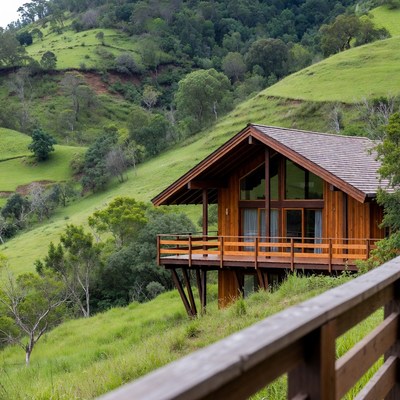 Wooden Cabin on Green Hillside