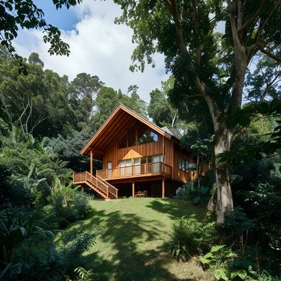 Wooden House in Tropical Forest