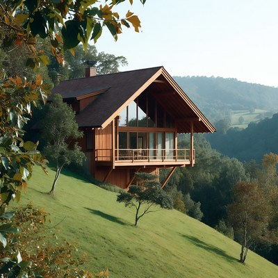 Wooden Chalet on Mountain Slope