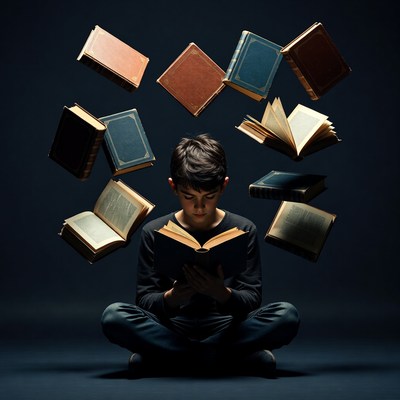 Boy reading book with floating books