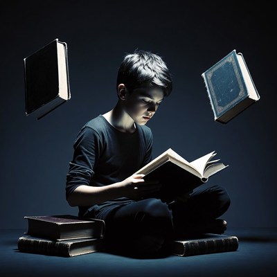 Boy reading with floating books
