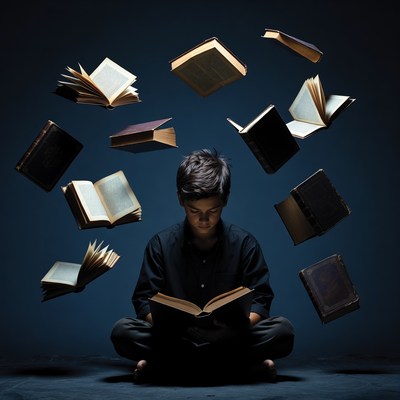Boy reading with flying books
