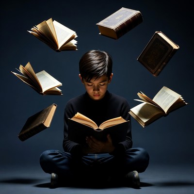 Boy reading with floating books