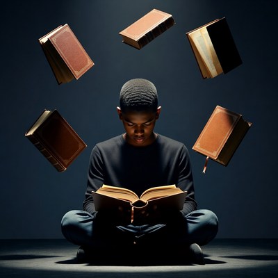 African-American young man reading with floating books