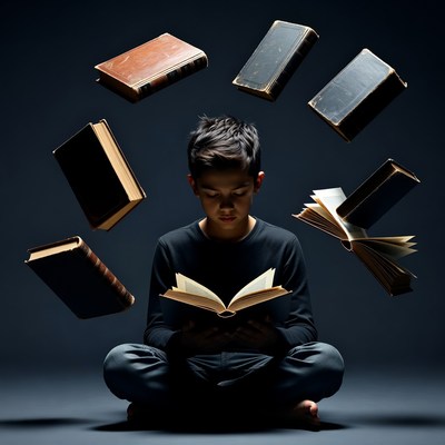 Boy reading with floating books