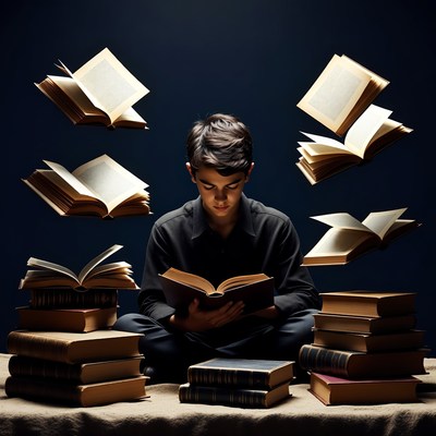 Boy reading surrounded by floating books