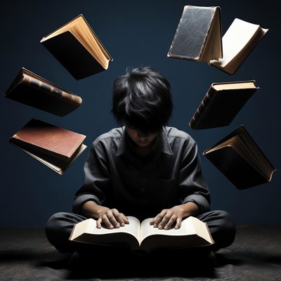 Asian boy reading with floating books