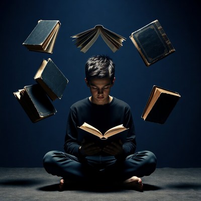 Boy reading with floating books