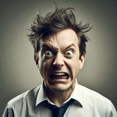 Man with wild hair screaming angrily