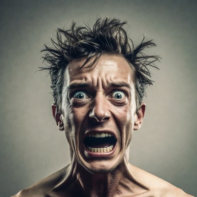 Man screaming with wild hair