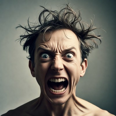 Man screaming with wild hair