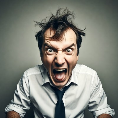 Man screaming with wild hair
