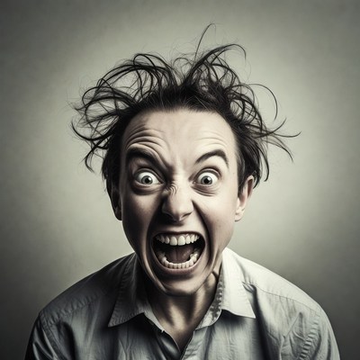 Man screaming with wild hair