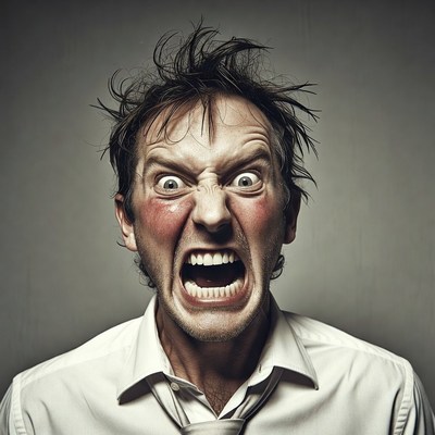 Man screaming with wild hair