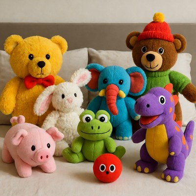 Colorful Stuffed Animals on Bed