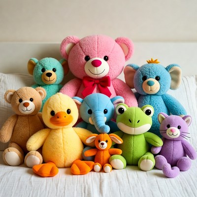 Colorful stuffed animals group