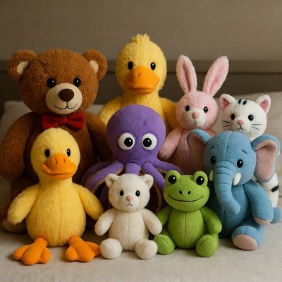 Group of colorful plush stuffed animals