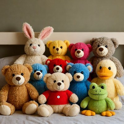 Colorful stuffed animals on bed