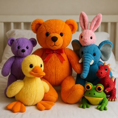 Colorful Stuffed Animals on Bed