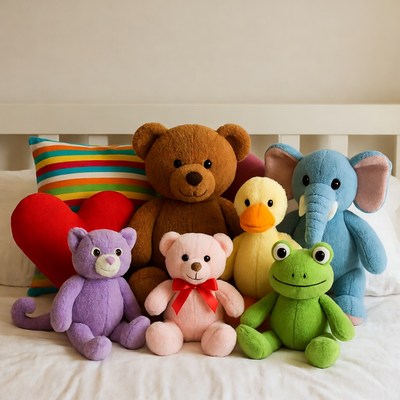 Colorful stuffed animals on bed