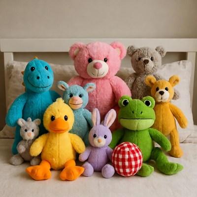 Colorful stuffed animals on bed