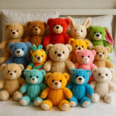 Colorful teddy bears on bed