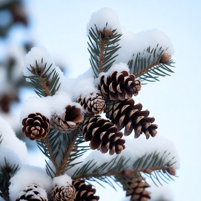 Snowy pine branches with cones