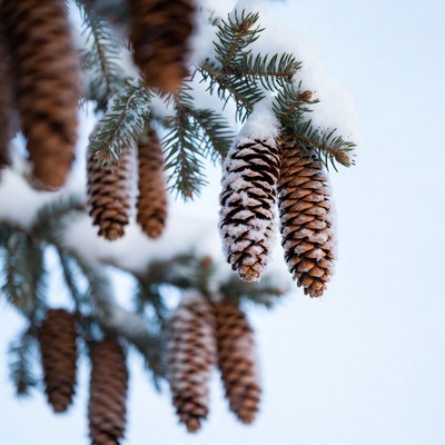 Snowy pine cones on fir branch