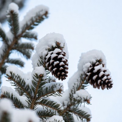 Snowy pine cones on branches