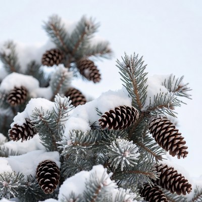 Snowy Pine Branches with Cones