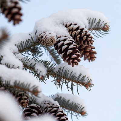 Snowy pine cones on branches