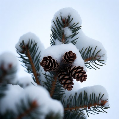 Snowy Pine Cones on Branches