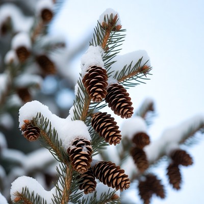 Snowy pine branches with cones